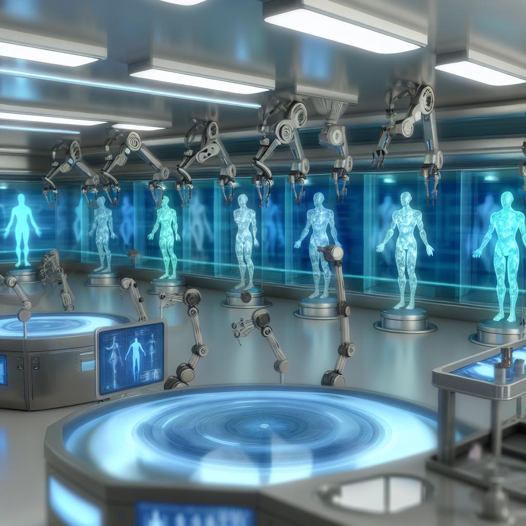 A futuristic laboratory with advanced technology and computer simulations of human replicas being created and tested.